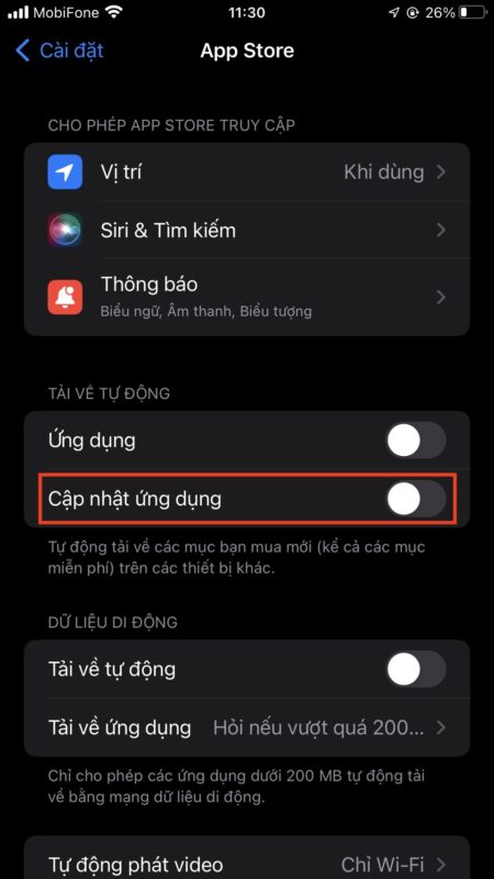 tắt tự động cập nhật ứng dụng trên IOS
