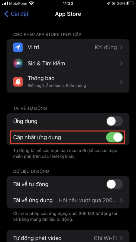 tắt tự động cập nhật ứng dụng trên IOS